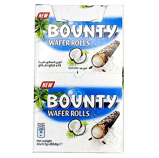 12 X Bounty Wafer Rolls Kekse 11,7g cremiger Kokosfüllung